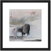 Artery8 Hashimoto Gaho Crossing Cow Japan Painting 8X8 Inch Square Wooden Framed Wall Art Print Picture with Mount in Black
