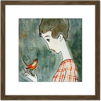 Artery8 Takehisa Red Bird Japan Painting 8X8 Inch Square Wooden Framed Wall Art Print Picture with Mount in Brown