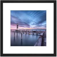 Artery8 DeSousa Lake Neusiedl Austria Sunset Lighthouse Photo 8X8 Inch Square Wooden Framed Wall Art Print Picture with Mount in Black