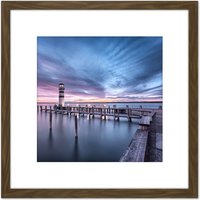 Artery8 DeSousa Lake Neusiedl Austria Sunset Lighthouse Photo 8X8 Inch Square Wooden Framed Wall Art Print Picture with Mount in Brown