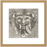 Artery8 Huys 1555 Decorative Ornamental Mask Design Engraving 8X8 Inch Square Wooden Framed Wall Art Print Picture with Mount in Light Oak