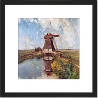 Artery8 Gabriel Windmill Polder Waterway Month July Painting 8X8 Inch Square Wooden Framed Wall Art Print Picture with Mount in Black
