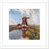 Artery8 Gabriel Windmill Polder Waterway Month July Painting 8X8 Inch Square Wooden Framed Wall Art Print Picture with Mount in White