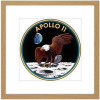 Artery8 Space NASA Apollo 11 Mission Emblem Badge Patch 8X8 Inch Square Wooden Framed Wall Art Print Picture with Mount in Light Oak