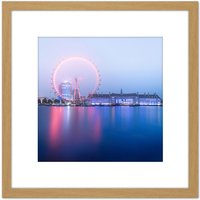 Artery8 Warby London Eye Foggy Morning Cityscape Photo 8X8 Inch Square Wooden Framed Wall Art Print Picture with Mount in Light Oak