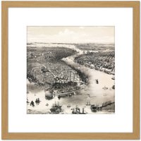 Artery8 Map Bachmann 1851 Birds Eye View New York Brooklyn 8X8 Inch Square Wooden Framed Wall Art Print Picture with Mount in Light Oak