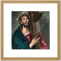 Artery8 El Greco Christ Carrying Cross Painting 8X8 Inch Square Wooden Framed Wall Art Print Picture with Mount in Light Oak