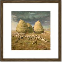 Artery8 Millet Haystacks Autumn Landscape Painting 8X8 Inch Square Wooden Framed Wall Art Print Picture with Mount in Brown