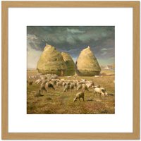Artery8 Millet Haystacks Autumn Landscape Painting 8X8 Inch Square Wooden Framed Wall Art Print Picture with Mount in Light Oak