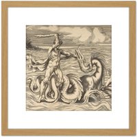 Artery8 Bonasone Hercules Fight Dragon Achelous Deianeira Engraving 8X8 Inch Square Wooden Framed Wall Art Print Picture with Mount in Light Oak
