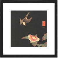 Artery8 Jakuchu Swallow Camillia Bird Flower Japan Painting 8X8 Inch Square Wooden Framed Wall Art Print Picture with Mount in Black
