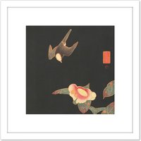 Artery8 Jakuchu Swallow Camillia Bird Flower Japan Painting 8X8 Inch Square Wooden Framed Wall Art Print Picture with Mount in White