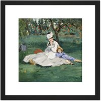 Artery8 Manet Monet Family In Their Garden Argenteuil Painting 8X8 Inch Square Wooden Framed Wall Art Print Picture with Mount in Black