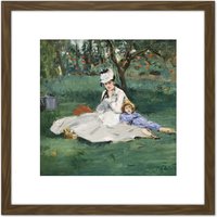 Artery8 Manet Monet Family In Their Garden Argenteuil Painting 8X8 Inch Square Wooden Framed Wall Art Print Picture with Mount in Brown