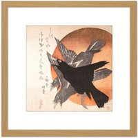 Artery8 Hokkei Three Crows Against Rising Sun Japan Painting 8X8 Inch Square Wooden Framed Wall Art Print Picture with Mount in Light Oak