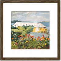 Artery8 Homer Flower Garden Bungalow Bermuda Painting 8X8 Inch Square Wooden Framed Wall Art Print Picture with Mount in Brown