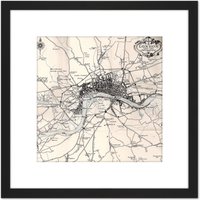 Artery8 Map Crown 1930 London City England 1660 Plan Chart 8X8 Inch Square Wooden Framed Wall Art Print Picture with Mount in Black