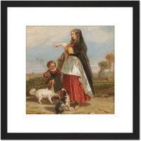 Artery8 Etienne Roqueplan Woman & Child With Dogs Painting 8X8 Inch Square Wooden Framed Wall Art Print Picture with Mount in Black