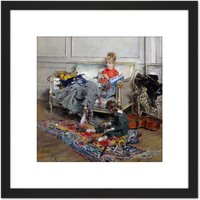 Artery8 Giovanni Boldini Young Woman Crocheting 1875 Painting 8X8 Inch Square Wooden Framed Wall Art Print Picture with Mount in Black
