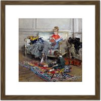 Artery8 Giovanni Boldini Young Woman Crocheting 1875 Painting 8X8 Inch Square Wooden Framed Wall Art Print Picture with Mount in Brown