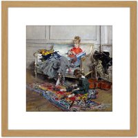 Artery8 Giovanni Boldini Young Woman Crocheting 1875 Painting 8X8 Inch Square Wooden Framed Wall Art Print Picture with Mount in Light Oak