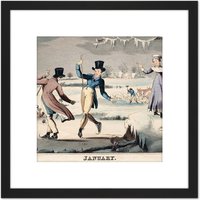 Artery8 Ice Skating January 1820 Winter Drawing 8X8 Inch Square Wooden Framed Wall Art Print Picture with Mount in Black