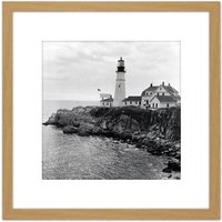 Artery8 Berenice Abbott Lighthouse Maine Sea Coast Photo 8X8 Inch Square Wooden Framed Wall Art Print Picture with Mount in Light Oak