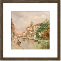 Artery8 Reyna Manescau Venetian Canal Under Rain Painting 8X8 Inch Square Wooden Framed Wall Art Print Picture with Mount in Brown
