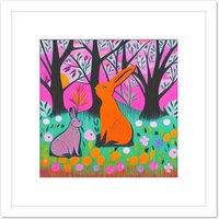 Artery8 Bunny Rabbits In A Forest Meadow Flowers Pastel Pink Teal Illustration Square Wooden Framed Wall Art Print Picture 8X8 Inch in White