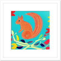 Artery8 Abstract Squirrel Tree Branches Bright Vibrant Colourful Illustration Square Wooden Framed Wall Art Print Picture 8X8 Inch in White