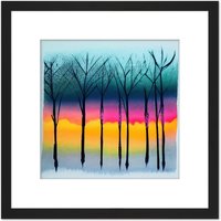 Artery8 Winter Trees At Sunset Watercolour Forest Colourful Pastel Silhouette Painting Square Wooden Framed Wall Art Print Picture 8X8 Inch in Black