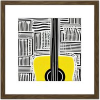 Artery8 Abstract Guitar Boho Yellow Acoustic Lines Music Illustration Square Wooden Framed Wall Art Print Picture 8X8 Inch in Brown