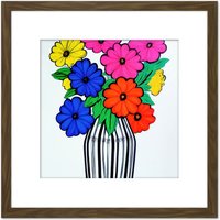 Artery8 Colourful Daisy Flower Bouquet In Vase Blue Pink Yellow Painting Square Wooden Framed Wall Art Print Picture 8X8 Inch in Brown
