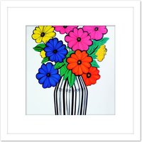 Artery8 Colourful Daisy Flower Bouquet In Vase Blue Pink Yellow Painting Square Wooden Framed Wall Art Print Picture 8X8 Inch in White