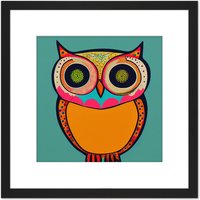 Artery8 Vibrant Coloured Retro Owl With Tribal Illustration Square Wooden Framed Wall Art Print Picture 8X8 Inch in Black