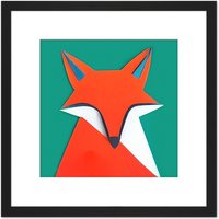 Artery8 Abstract Portrait Fox Orange On Green Geometric Illustration Square Wooden Framed Wall Art Print Picture 8X8 Inch in Black