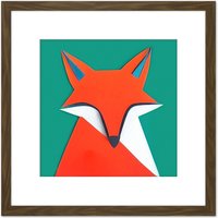 Artery8 Abstract Portrait Fox Orange On Green Geometric Illustration Square Wooden Framed Wall Art Print Picture 8X8 Inch in Brown
