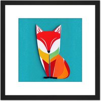 Artery8 Multicoloured Abstract Fox On Blue Illustration Square Wooden Framed Wall Art Print Picture 8X8 Inch in Black