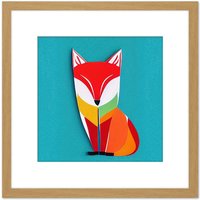 Artery8 Multicoloured Abstract Fox On Blue Illustration Square Wooden Framed Wall Art Print Picture 8X8 Inch in Light Oak