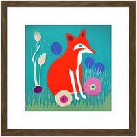 Artery8 Boho Fox Retro Forest Illustration Square Wooden Framed Wall Art Print Picture 8X8 Inch in Brown