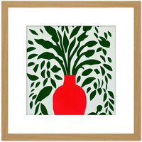 Artery8 Abstract Green Leaves Bold Red Vase 2D Illustration Square Wooden Framed Wall Art Print Picture 8X8 Inch in Light Oak