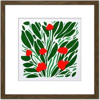 Artery8 Abstract Red Flowers Flamingo Floral Bouquet Square Wooden Framed Wall Art Print Picture 8X8 Inch in Brown