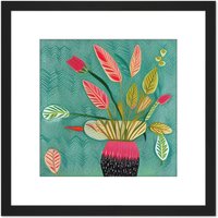 Artery8 Triostar Plant Vibrant Textured Pot Green Red Pink Tricolour Illustration Square Wooden Framed Wall Art Print Picture 8X8 Inch in Black