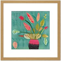 Artery8 Triostar Plant Vibrant Textured Pot Green Red Pink Tricolour Illustration Square Wooden Framed Wall Art Print Picture 8X8 Inch in Light Oak