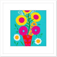 Artery8 Bold Bouquet Pink & Yellow Flowers Red Vase On Arctic Blue Square Wooden Framed Wall Art Print Picture 8X8 Inch in White