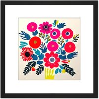 Artery8 Abstract Bouquet Of Red & Pink Flowers In A Yellow Vase Square Wooden Framed Wall Art Print Picture 8X8 Inch in Black