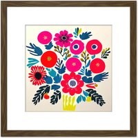Artery8 Abstract Bouquet Of Red & Pink Flowers In A Yellow Vase Square Wooden Framed Wall Art Print Picture 8X8 Inch in Brown