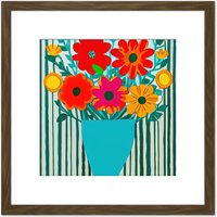 Artery8 Bold Bouquet Of Multicoloured Flowers In A Teal Vase With Stripes Square Wooden Framed Wall Art Print Picture 8X8 Inch in Brown