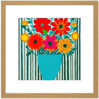 Artery8 Bold Bouquet Of Multicoloured Flowers In A Teal Vase With Stripes Square Wooden Framed Wall Art Print Picture 8X8 Inch in Light Oak