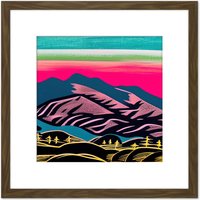 Artery8 Countryside Morning Hills Landscape Colourful Pastel Linocut Illustration Square Wooden Framed Wall Art Print Picture 8X8 Inch in Brown